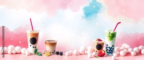 Fototapeta Milk Bubble Tea Splash for Drinks Bar Menu: Doodle Chalk Illustration of Beverage Cups with Fruit, Berry, Chocolate, and Strawberry Toppings.