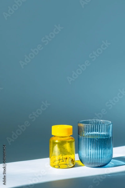 Fototapeta Yellow Vitamin Bottle and Ribbed Glass of Water Illuminated by Strong Sunlight. Taking Supplements for Wellbeing.