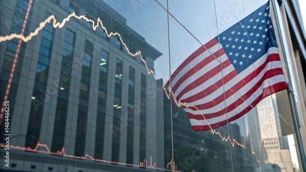 Fototapeta A downward-trending stock market graph is reflected in a building"s glass facade with the US flag, symbolizing economic decline in America.