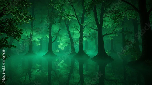 Fototapeta Enchanted Green Forest at Night with Misty Reflections