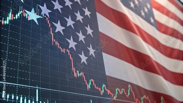 Fototapeta A declining stock market chart is superimposed on the American flag, symbolizing a downturn in the U.S. economy or financial markets.