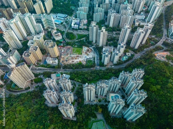 Fototapeta High angle aerial view of high rise apartment in Hong Kong