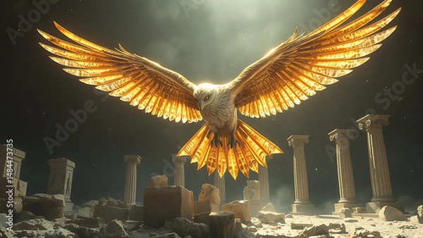 Fototapeta Golden Eagle Soaring Over Ancient Ruins