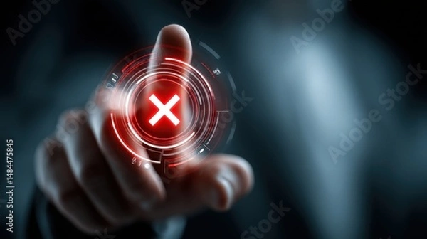 Fototapeta Digital Rejection: A fingertip hovers over a glowing red 'X' symbol within a futuristic digital interface, signifying a decisive rejection or cancellation.