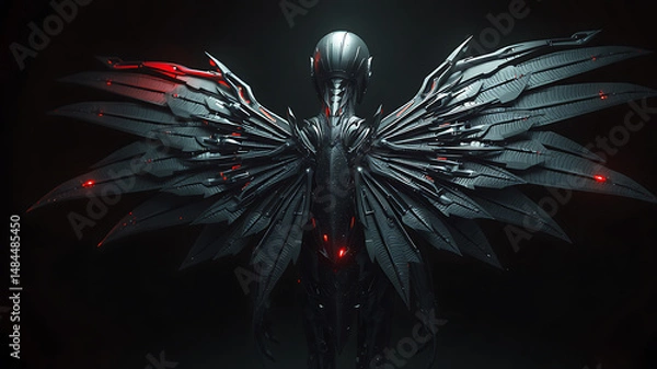 Fototapeta Cyberpunk Angel with Mechanical Wings Dark Background