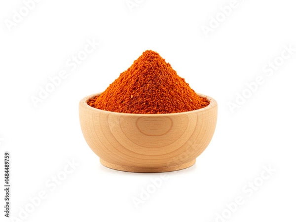 Obraz Red chilli powder with wooden bowl isolated on white background.