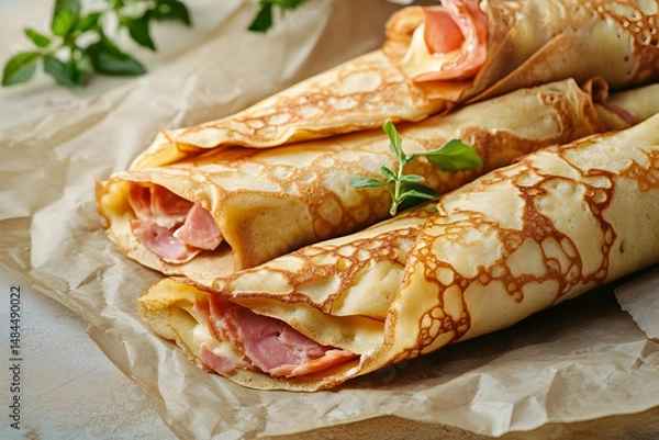Fototapeta Delicious rolled crepes filled with savory ham and cheese.