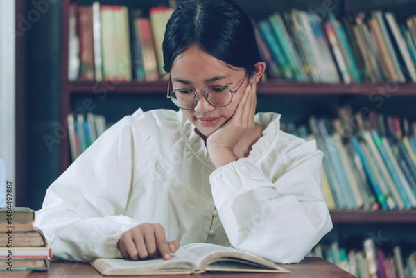 Obraz Portrait of a student girl reading book at library
