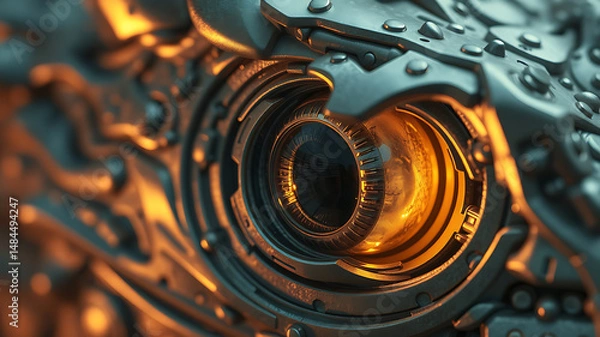 Fototapeta Closeup of a Futuristic Robotic Eye Glowing Orange