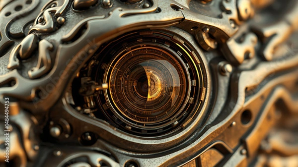 Fototapeta Closeup of a Futuristic Mechanical Eye with Intricate Details