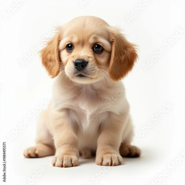 Fototapeta Cute puppy with floppy ears and big eyes, paw raised, white background, symbolizing companionship.

