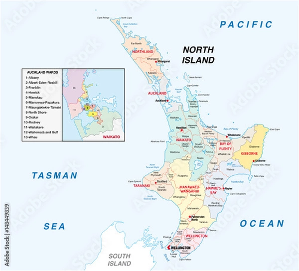 Fototapeta Mapa administracyjna i polityczna Wyspy Północnej Nowej Zelandii