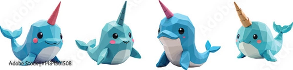 Fototapeta Cut Out Set of Low Poly Vector illustration Of Narwhal Plush Toy Isolated on Transparent or White Background.