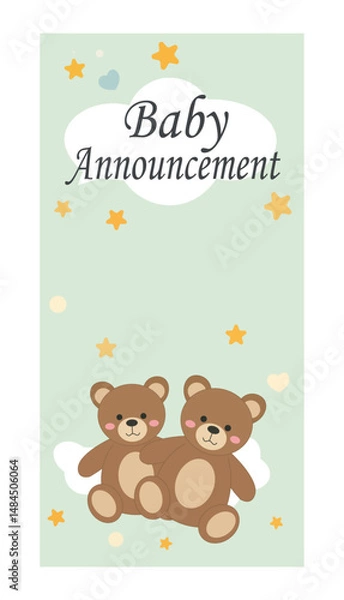 Fototapeta Cute Baby Announcement Vertical Vector Set - Teddy Bear & Stork Story Graphics-02