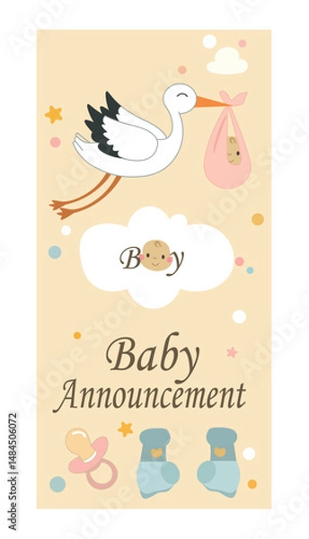 Fototapeta Cute Baby Announcement Vertical Vector Set - Teddy Bear & Stork Story Graphics-01