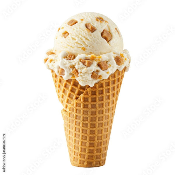 Fototapeta Delicious ice cream cone with caramel chunks against a clean white background