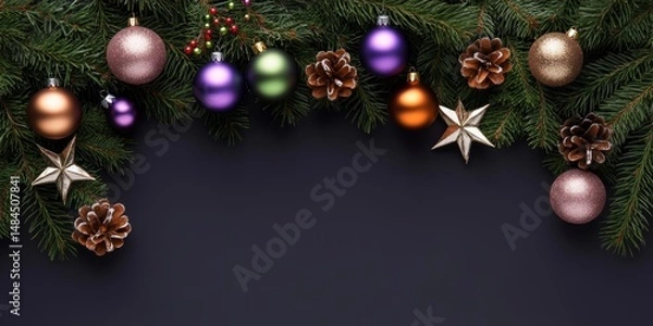 Fototapeta Christmas Tree Branches Decorated With Multicolor Ornaments On Deep Blue Background With Copy Space