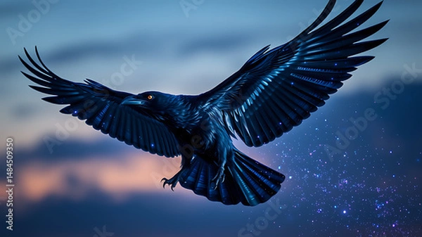 Fototapeta Majestic Black Raven in Flight at Twilight