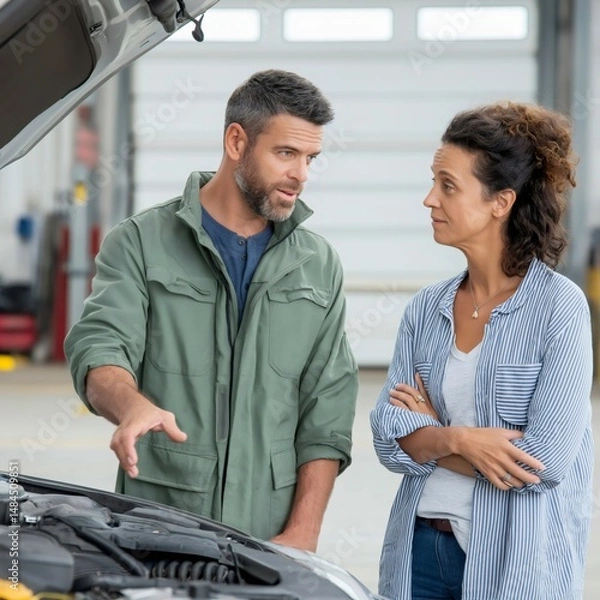 Fototapeta A professional mechanic discusses engine repair with a customer in an automotive shop, providing detailed explanations about the vehicle's condition and repairs needed