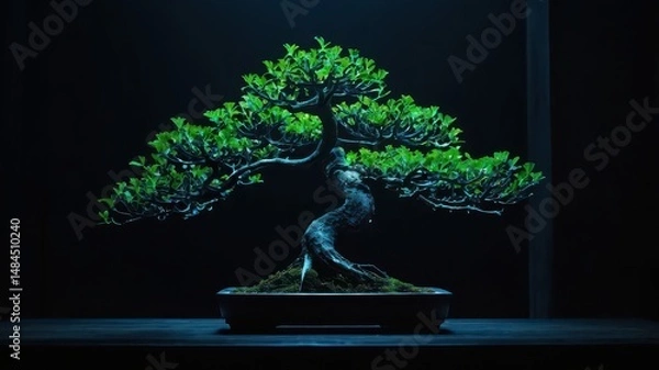 Fototapeta A close up of a bonsai tree with green leaves in a dark setting with a black background and a dark pot