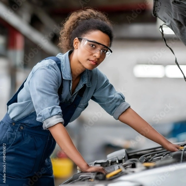 Fototapeta Female automotive technician leans over an open engine hood in a busy repair shop, displaying confidence and focus as she inspects vehicle components in clear daylight