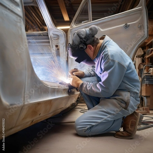Fototapeta A skilled specialist focuses intently on welding new metal pieces onto a classic car in a well-equipped workshop. The glow from the welding sparks illuminates the surroundings