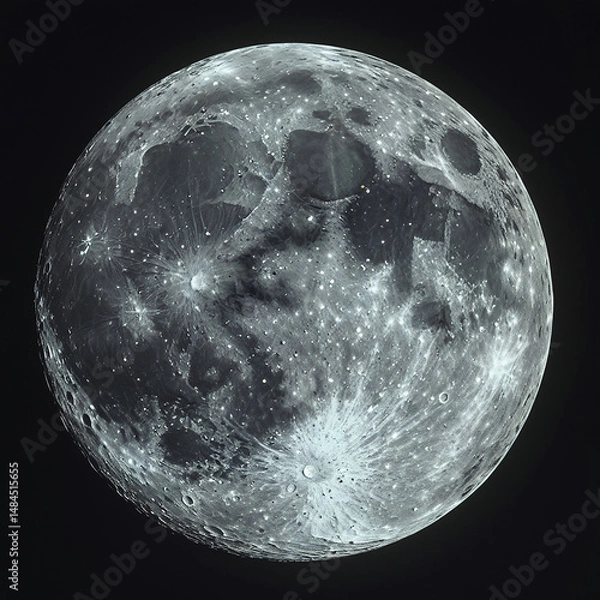 Fototapeta High-Resolution Full Moon Photo – Detailed Craters & Lunar Maria on Black Background