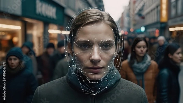 Fototapeta Woman in a crowd with facial recognition technology overlayed in a busy street setting with people