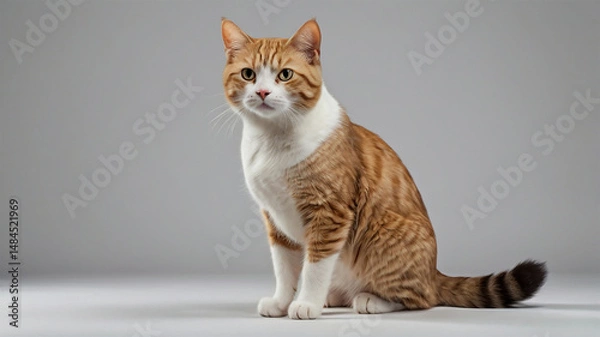 Fototapeta High-Quality Studio Photo of a Relaxed Feline Pet, Orange Tabby Cat, White and Orange Cat, Sitting Cat Studio, Pet Cat Portrait, Domestic Cat Isolated,Pet Portrait
