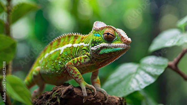 Fototapeta Wildlife Photography of a Chameleon in the Rainforest, Green Chameleon on a Branch, Colorful Chameleon Close-Up, Chameleon Portrait in Nature,  Macro Wild Animal Shot