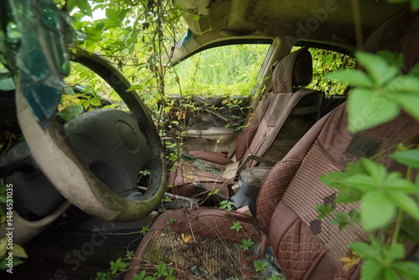 Obraz The interior of an abandoned vehicle surrounded by greenery