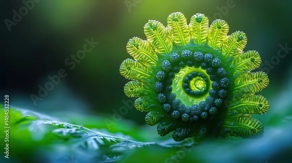 Obraz A close-up of a vibrant green fern with its intricate fronds unfurling, showcasing the delicate and symmetrical patterns of plant growth in the forest understory