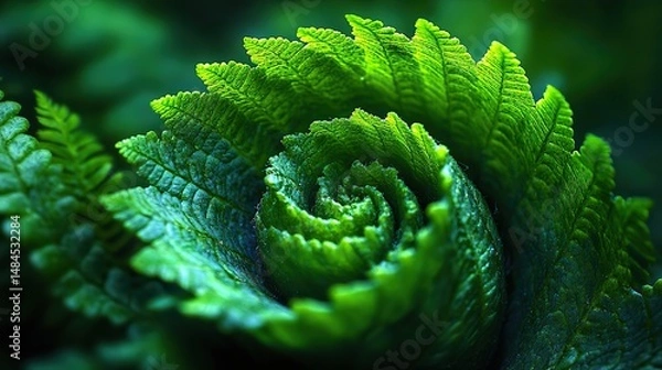 Obraz A close-up of a vibrant green fern with its intricate fronds unfurling, showcasing the delicate and symmetrical patterns of plant growth in the forest understory