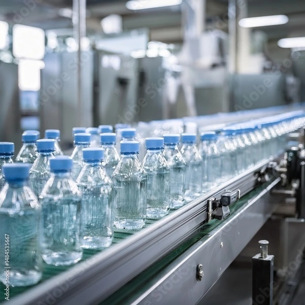 Fototapeta Close-up of Clear Plastic Bottles on a Conveyor Belt in a Factory Setting