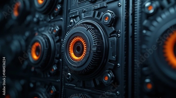Fototapeta Futuristic Mechanical Background with Intricate Details and Glowing Orange Elements in Dark Environment