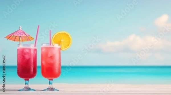 Fototapeta Refreshing Tropical Cocktails with Umbrella and Lemon on Beachside Table Against Calm Blue Ocean Background