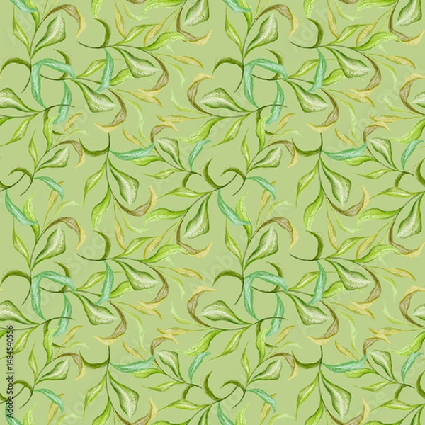 Fototapeta Abstract green leaf Seamless Pattern. Repeated Ornament Evergreen Variegated Plant with Exotic Flowers. Botanical Watercolor Print. Watercolor hand drawn