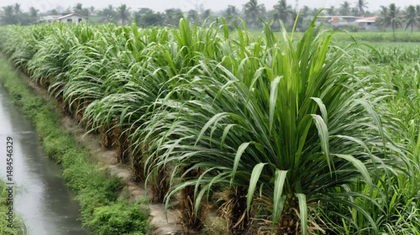 Obraz serene photograph of fields of sugarcane growing tall along a river in rural india under a clear sky, conveying the scale of agriculture,