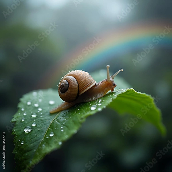 Fototapeta Tiny World, Big Sky Snail on a Leaf with a Vibrant Rainbow Generative AI