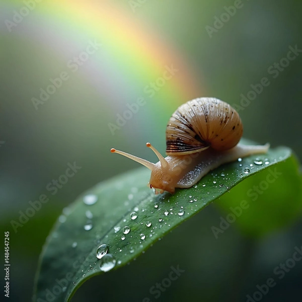 Fototapeta Rainbow Reflections Water Droplets and a Snail on a Leaf Generative AI