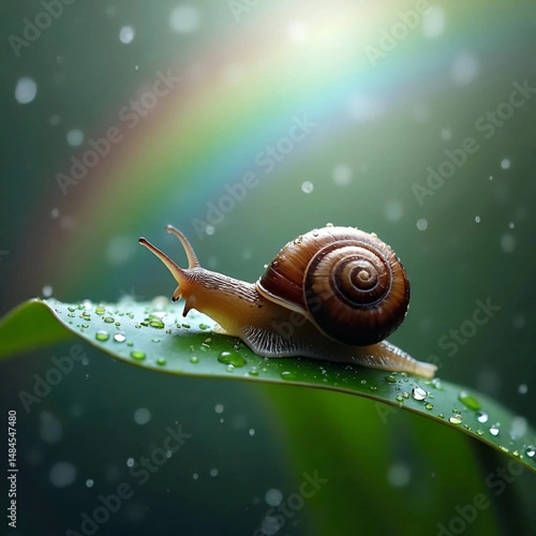Fototapeta Snail on Leaf with Raindrops and Rainbow Generative AI