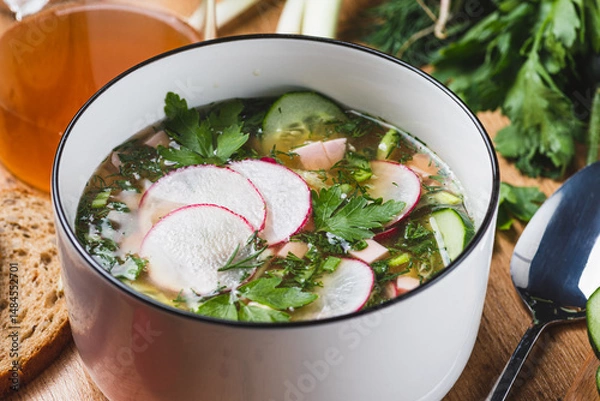 Obraz Kvass okroshka with radishes and herbs