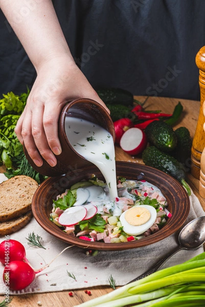 Obraz Okroshka on kefir with radishes and herbs