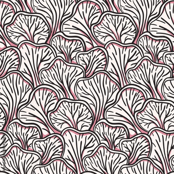 Obraz Seamless abstract pattern with sketch fungus. Stylish botanical design, floral print in minimalist doodle style. Hand drawn line art pattern of plants, simple drawing mushrooms. Vector illustration.