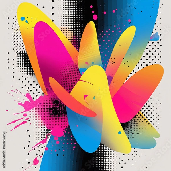 Fototapeta Vibrant Abstract Digital Art with Colorful Shapes, Halftone Dots & Splatter Effects – Modern Design