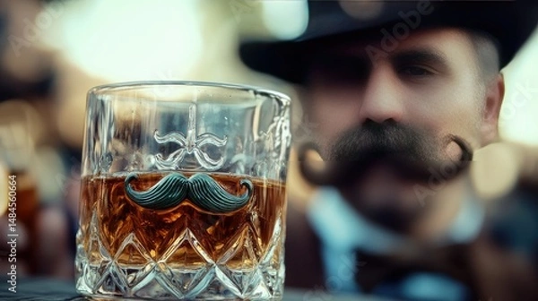 Fototapeta A clear glass with a rounded shape contains amber-colored liquid, adorned with a bright green felt mustache placed across the upper rim.