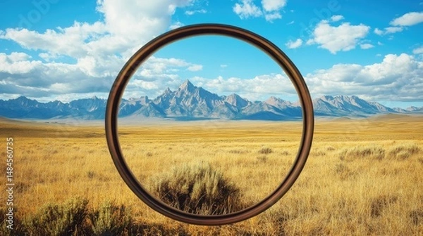 Fototapeta A panoramic view of a vast landscape featuring rolling hills and mountain ranges in the background, with snow-capped peaks.