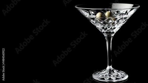 Fototapeta A close-up of a martini glass filled with clear liquid, featuring two green olives with pimentos floating inside.