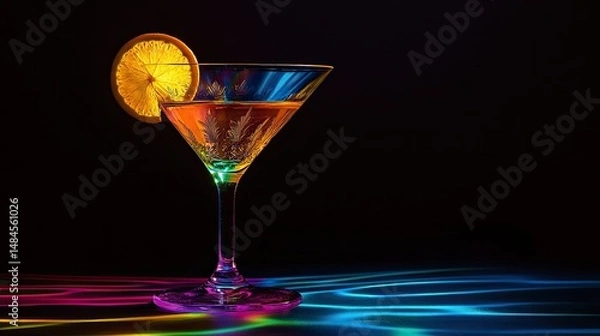 Fototapeta A dark, elegant martini glass filled with a rich, dark beverage, highlighted by a twist of orange peel perched on the rim.