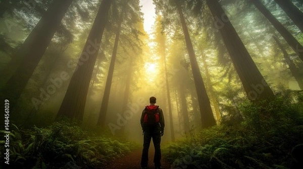 Fototapeta A tranquil forest scene featuring towering redwoods surrounded by lush greenery.
